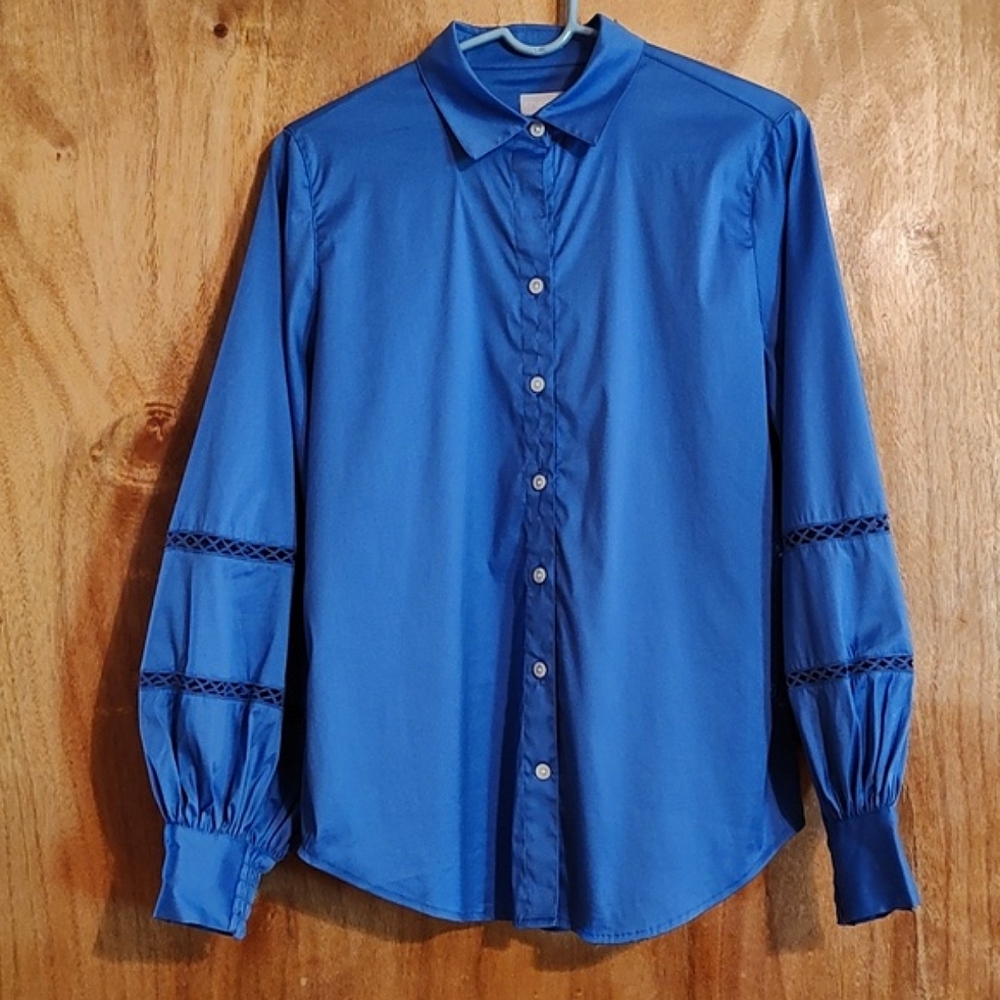 Chico's Sateen Button Blouse Rich Cobalt Blouson Sleeve Cotton Blend Lace 4/6